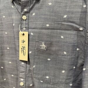 NWT Original Penguin Men’s Football Patterned Denim/Gray Button Down Shirt